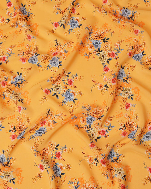 Mustard Yellow Viscose Fabric with Multicolor Floral Digital Print, 110 cm Width-D20631