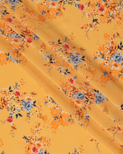 Mustard Yellow Viscose Fabric with Multicolor Floral Digital Print, 110 cm Width-D20631