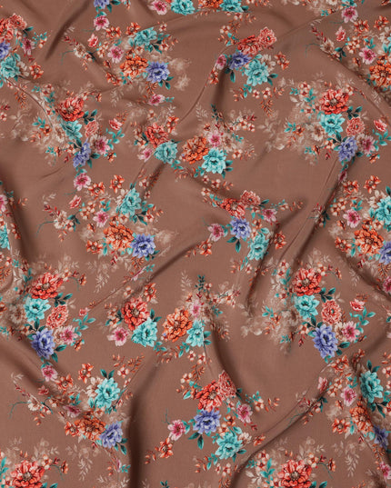 Taupe Viscose Fabric with Multicolor Floral Digital Print, 110 cm Width-D20632