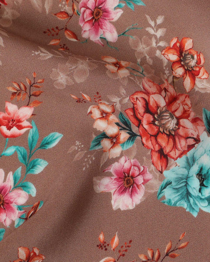 Taupe Viscose Fabric with Multicolor Floral Digital Print, 110 cm Width-D20632