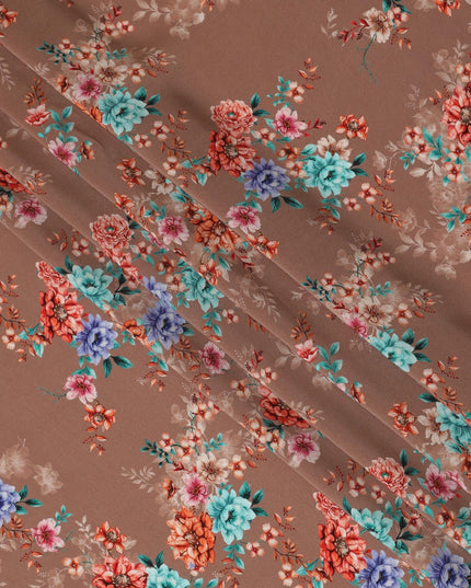 Taupe Viscose Fabric with Multicolor Floral Digital Print, 110 cm Width-D20632