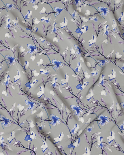 Light Grey Viscose Fabric with Blue and Purple Floral Digital Print, 110 cm Width-D20633