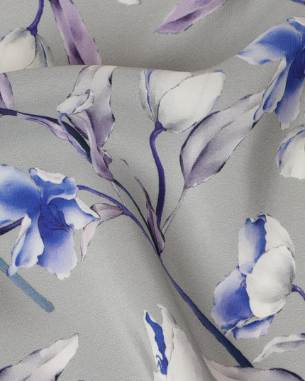 Light Grey Viscose Fabric with Blue and Purple Floral Digital Print, 110 cm Width-D20633