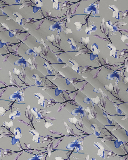 Light Grey Viscose Fabric with Blue and Purple Floral Digital Print, 110 cm Width-D20633