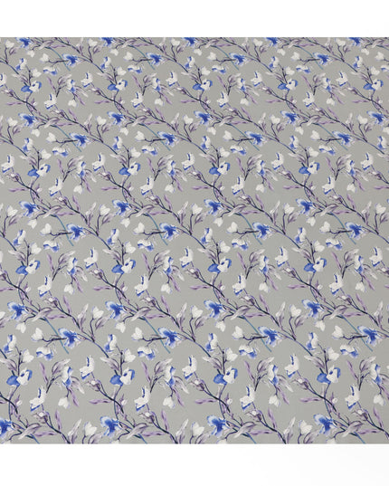 Light Grey Viscose Fabric with Blue and Purple Floral Digital Print, 110 cm Width-D20633