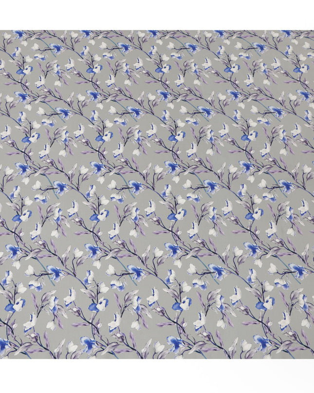 Light Grey Viscose Fabric with Blue and Purple Floral Digital Print, 110 cm Width-D20633