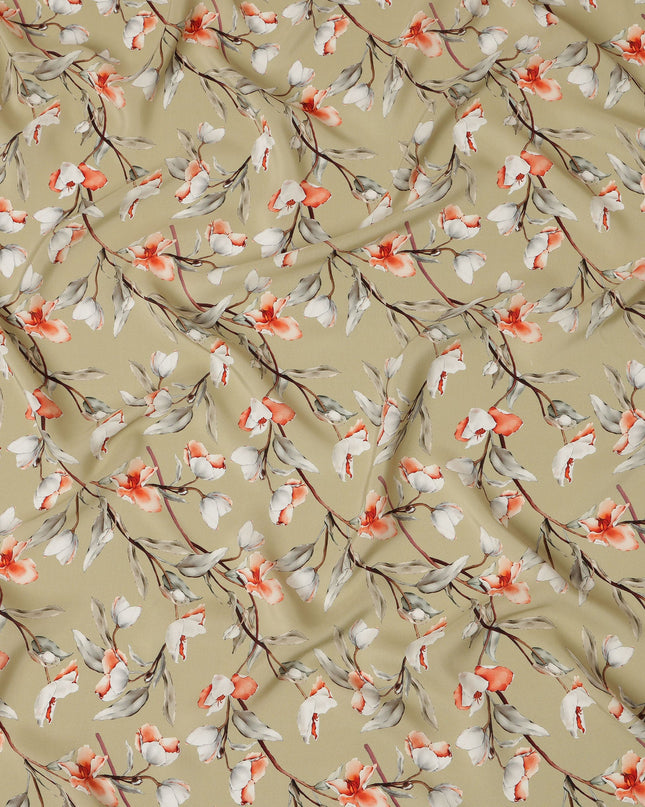 Beige Viscose Fabric with White and Coral Floral Digital Print, 110 cm Width-D20634