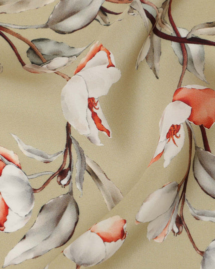 Beige Viscose Fabric with White and Coral Floral Digital Print, 110 cm Width-D20634