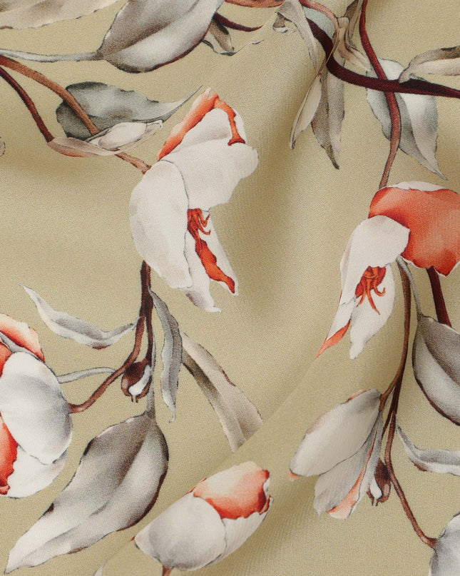 Beige Viscose Fabric with White and Coral Floral Digital Print, 110 cm Width-D20634