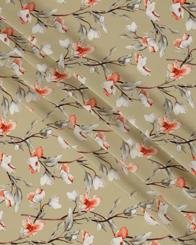 Beige Viscose Fabric with White and Coral Floral Digital Print, 110 cm Width-D20634