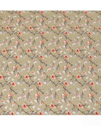 Beige Viscose Fabric with White and Coral Floral Digital Print, 110 cm Width-D20634