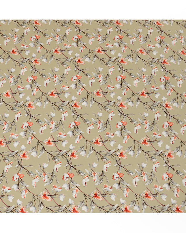 Beige Viscose Fabric with White and Coral Floral Digital Print, 110 cm Width-D20634