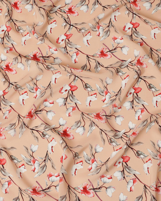 Peach Viscose Fabric with White and Coral Floral Digital Print, 110 cm Width-D20635