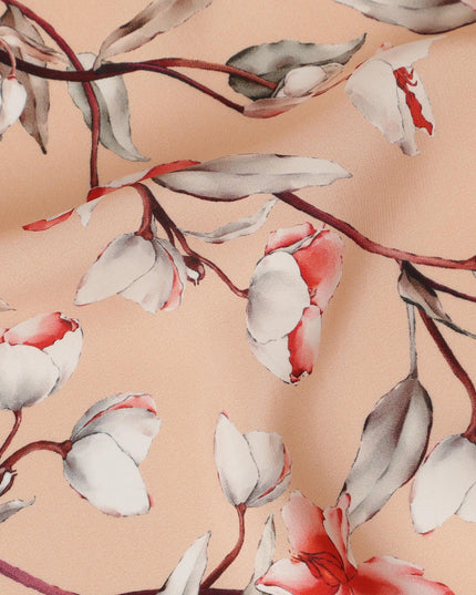 Peach Viscose Fabric with White and Coral Floral Digital Print, 110 cm Width-D20635