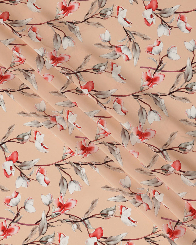 Peach Viscose Fabric with White and Coral Floral Digital Print, 110 cm Width-D20635