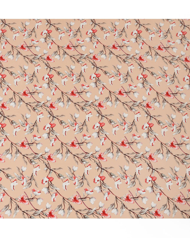 Peach Viscose Fabric with White and Coral Floral Digital Print, 110 cm Width-D20635