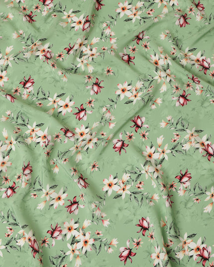 Light Green Viscose Fabric with White and Red Floral Digital Print, 110 cm Width-D20636