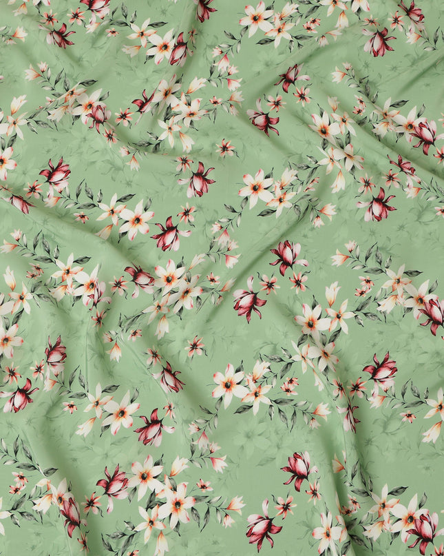 Light Green Viscose Fabric with White and Red Floral Digital Print, 110 cm Width-D20636