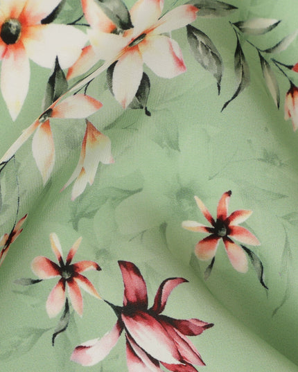 Light Green Viscose Fabric with White and Red Floral Digital Print, 110 cm Width-D20636