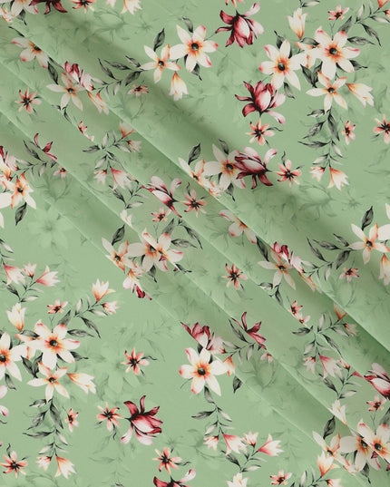 Light Green Viscose Fabric with White and Red Floral Digital Print, 110 cm Width-D20636