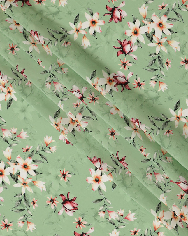 Light Green Viscose Fabric with White and Red Floral Digital Print, 110 cm Width-D20636