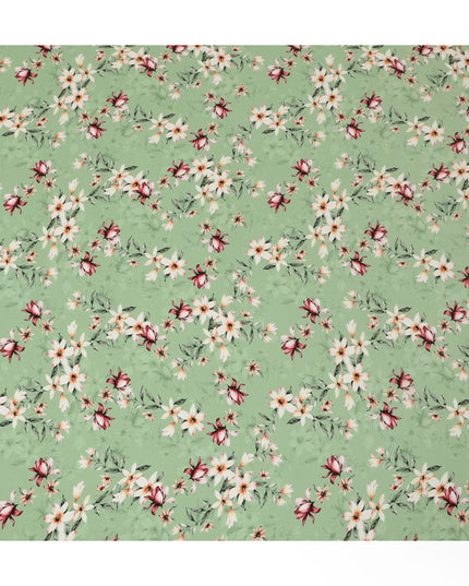 Light Green Viscose Fabric with White and Red Floral Digital Print, 110 cm Width-D20636