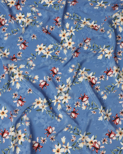 Sky Blue Viscose Fabric with White and Red Floral Digital Print, 110 cm Width-D20637