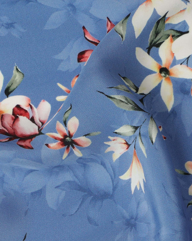 Sky Blue Viscose Fabric with White and Red Floral Digital Print, 110 cm Width-D20637