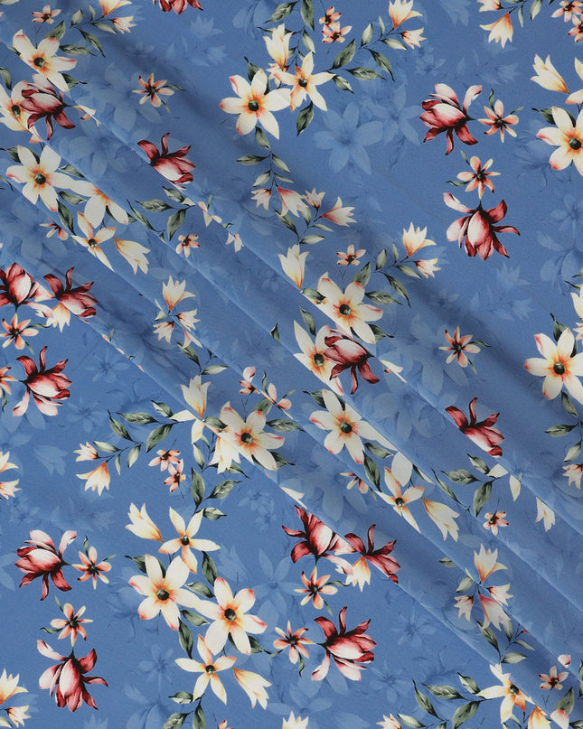 Sky Blue Viscose Fabric with White and Red Floral Digital Print, 110 cm Width-D20637