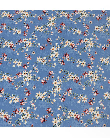 Sky Blue Viscose Fabric with White and Red Floral Digital Print, 110 cm Width-D20637