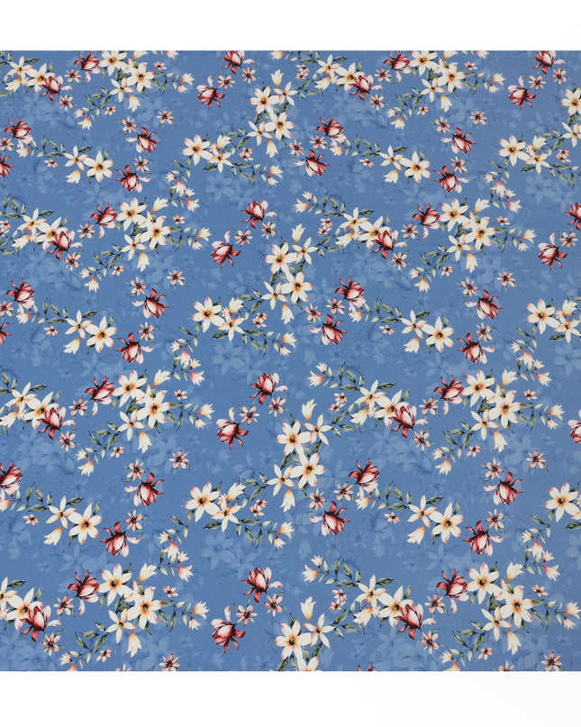 Sky Blue Viscose Fabric with White and Red Floral Digital Print, 110 cm Width-D20637