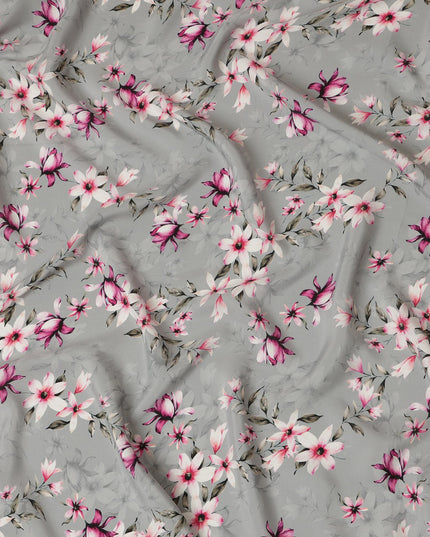 Light Grey Viscose Fabric with Pink and White Floral Digital Print, 110 cm Width-D20638