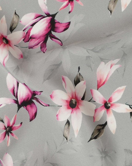 Light Grey Viscose Fabric with Pink and White Floral Digital Print, 110 cm Width-D20638