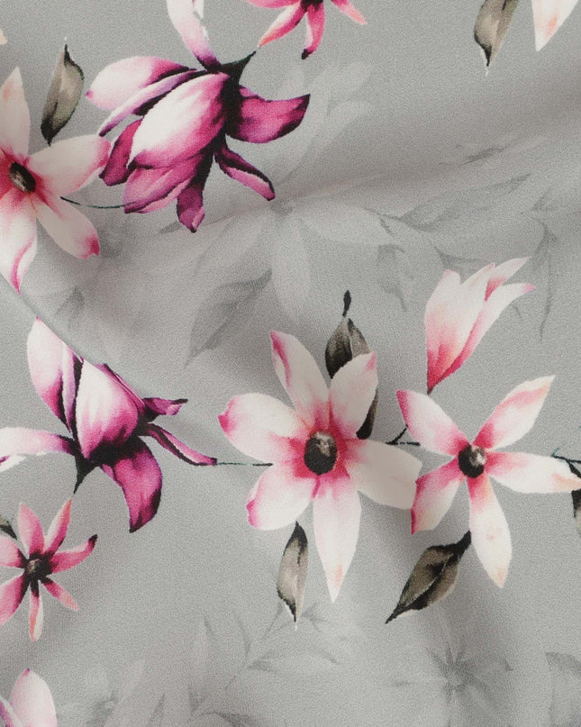 Light Grey Viscose Fabric with Pink and White Floral Digital Print, 110 cm Width-D20638