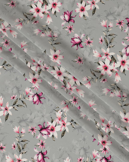 Light Grey Viscose Fabric with Pink and White Floral Digital Print, 110 cm Width-D20638