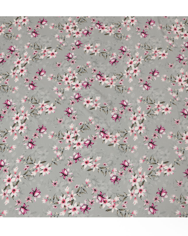 Light Grey Viscose Fabric with Pink and White Floral Digital Print, 110 cm Width-D20638