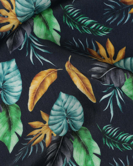 Navy Blue Viscose Fabric with Multicolor Leaf Digital Print, 110 cm Width-D20639