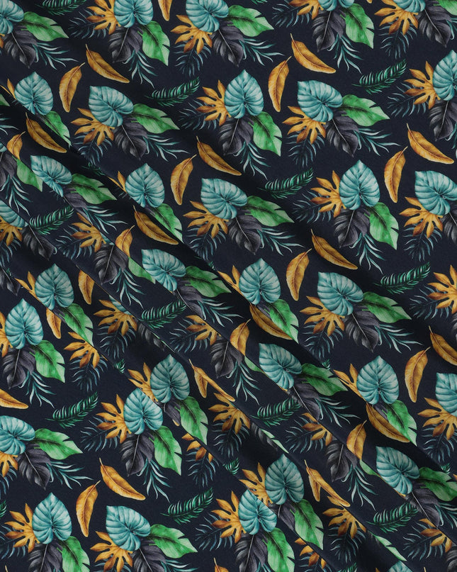 Navy Blue Viscose Fabric with Multicolor Leaf Digital Print, 110 cm Width-D20639