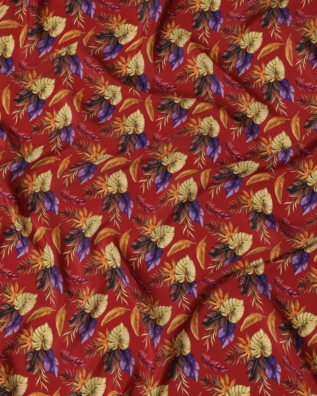 Red Viscose Fabric with Multicolor Leaf Digital Print, 110 cm Width-D20640