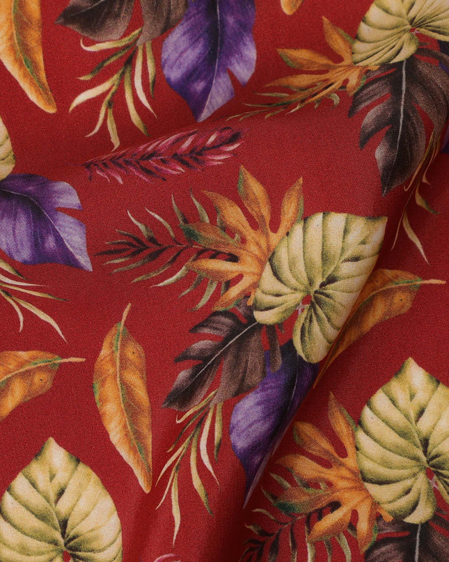 Red Viscose Fabric with Multicolor Leaf Digital Print, 110 cm Width-D20640