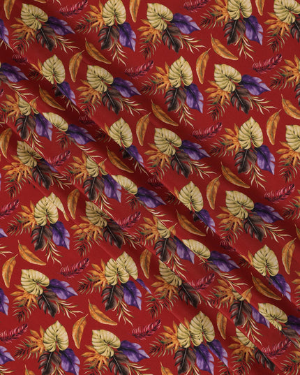 Red Viscose Fabric with Multicolor Leaf Digital Print, 110 cm Width-D20640