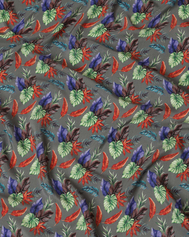 Grey Viscose Fabric with Multicolor Leaf Digital Print, 110 cm Width-D20641