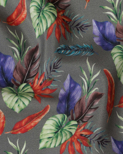 Grey Viscose Fabric with Multicolor Leaf Digital Print, 110 cm Width-D20641