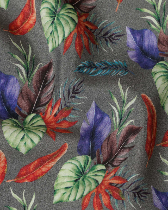 Grey Viscose Fabric with Multicolor Leaf Digital Print, 110 cm Width-D20641