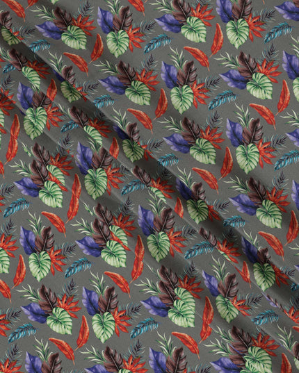 Grey Viscose Fabric with Multicolor Leaf Digital Print, 110 cm Width-D20641