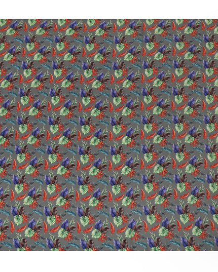 Grey Viscose Fabric with Multicolor Leaf Digital Print, 110 cm Width-D20641