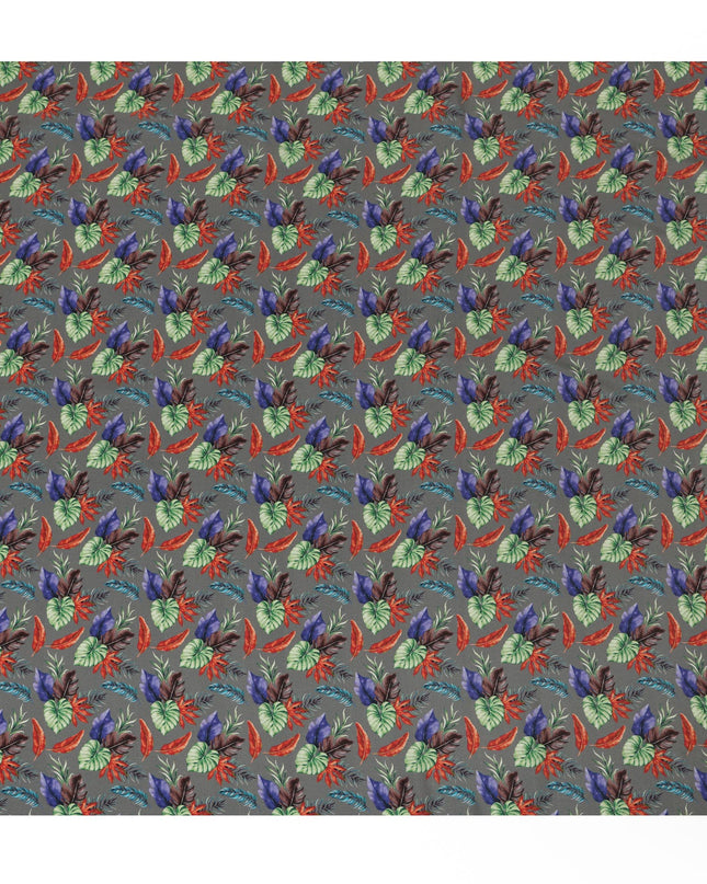 Grey Viscose Fabric with Multicolor Leaf Digital Print, 110 cm Width-D20641