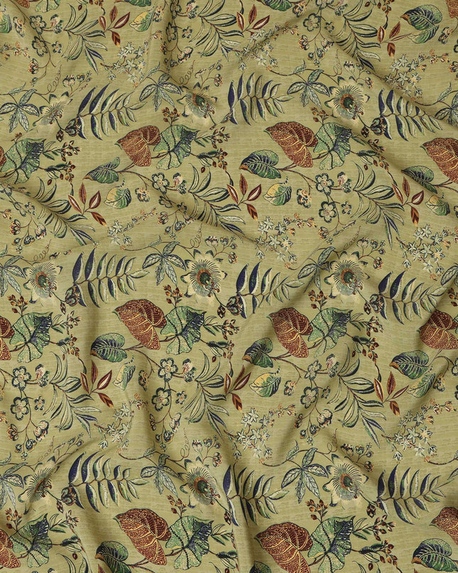 Olive Green Viscose Fabric with Multicolor Floral and Leaf Digital Print, 110 cm Width-D20642