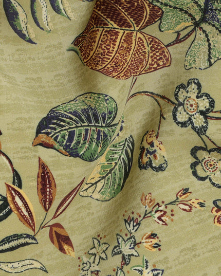 Olive Green Viscose Fabric with Multicolor Floral and Leaf Digital Print, 110 cm Width-D20642