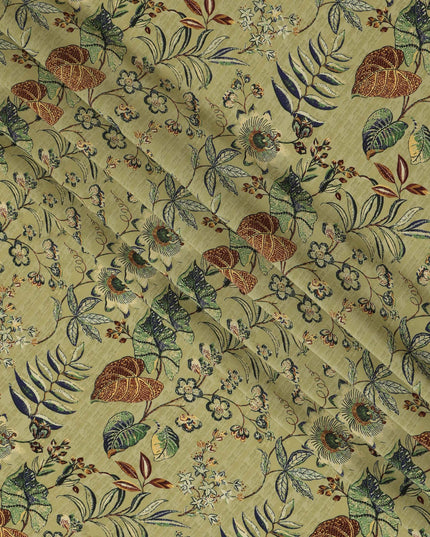 Olive Green Viscose Fabric with Multicolor Floral and Leaf Digital Print, 110 cm Width-D20642